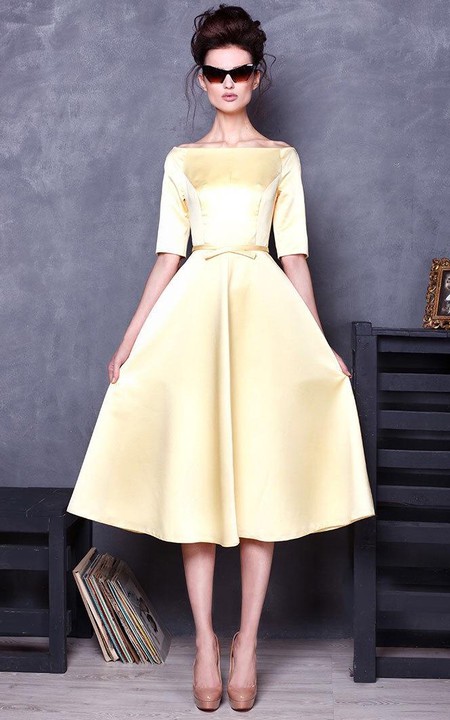 Off-the-shoulder Half Sleeve Satin Tea-length Dress