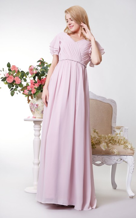 Long V-Neckline Short-Sleeve Empire Bridesmaid Dress
