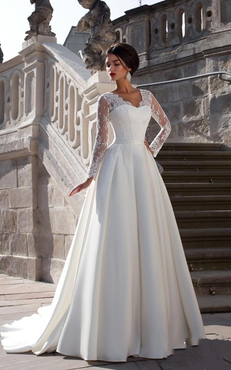 Satin Lace Back Long Sleeves V-Neckline Glamorous Gown