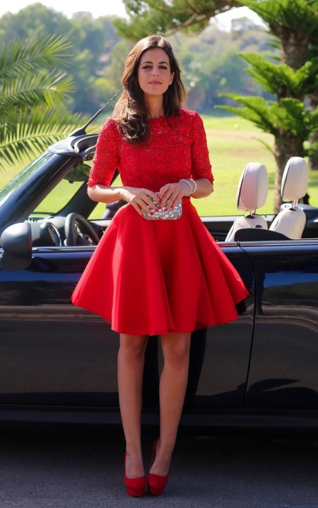Red Lace Homecoming Half-Sleeve Modern Short Dress