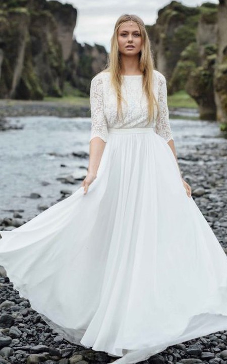 Simple A Line Bateau Lace and Chiffon Sweep Train Wedding Dress with Ruching