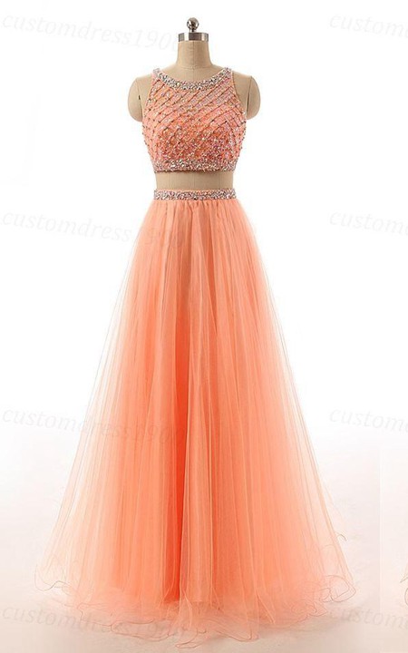 Floor-Length Sequined Tulle Long Two-Pieces A-Line Gown