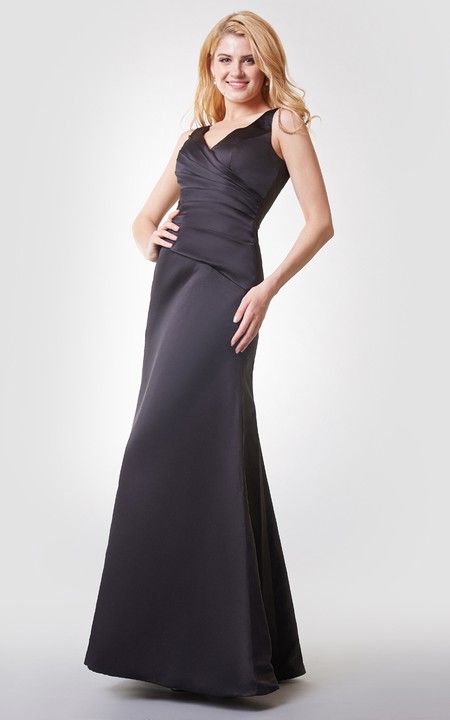 Plunged Sleeveless Satin Dress With Ruching And Low-V Back