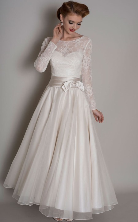 Scoop-neck Illusion Lace A-line Ankle-length Satin Wedding Dress With bow