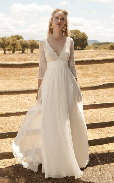Ethereal 3/4 Sleeve Plunging Chiffon Wedding Dress With Lace Top And Deep V-back