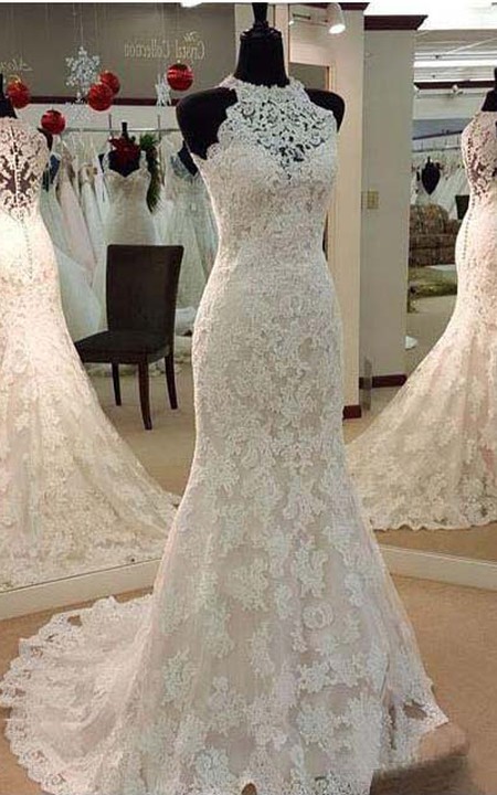 High Neck Lace  Sleeveless Wedding Dress