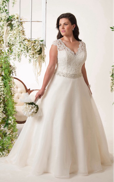 Plunged Lace Cap-sleeve Ball Gown plus size wedding dress With Beading And Corset Back