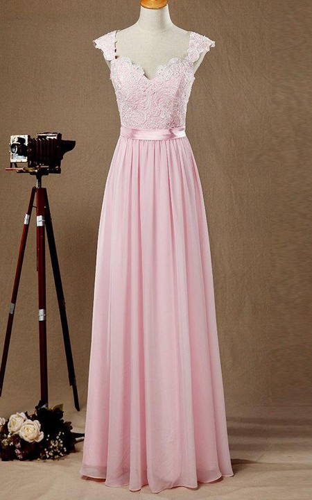 blushing Queen Anne Chiffon Pleated Dress With Lace Illusion top
