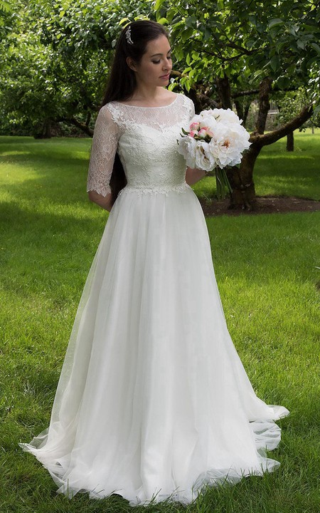 Tulle Elbow Sleeves Wedding A-Line Long Lace Gown