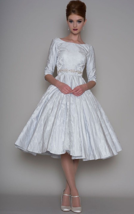 Bateau Satin Half Sleeve Tea-length A-line Wedding Dress With Jeweled Waist