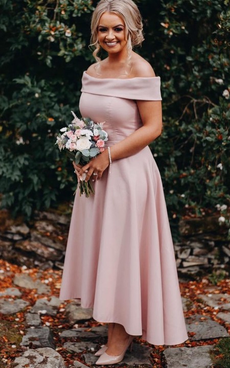 Off-the-shoulder Satin Sleeveless Ankle-length A Line Bridesmaid Dress with Pleats