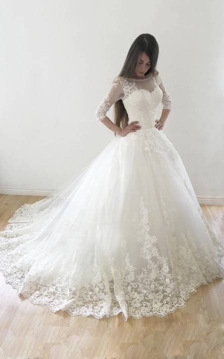 Tulle Button Satin Ball-Gown Princess Wedding Lace Dress