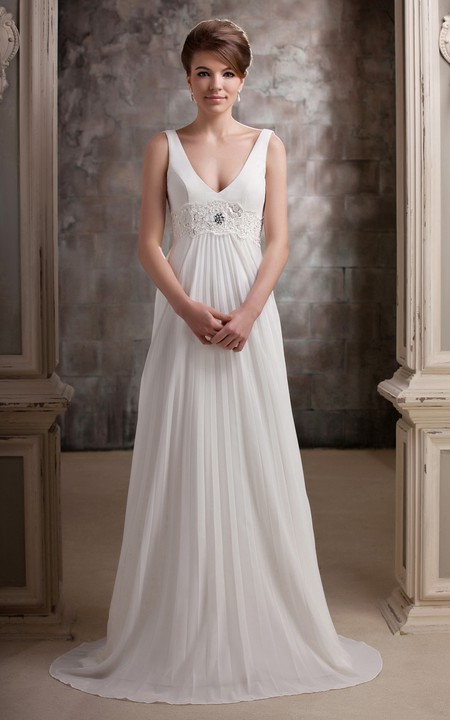 Long Beaded Waist Pleated Plunged Gown