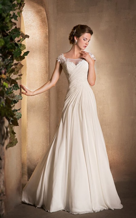 A-Line Long Scoop-Neck Cap-Sleeve Chiffon Dress With Ruching And Appliques