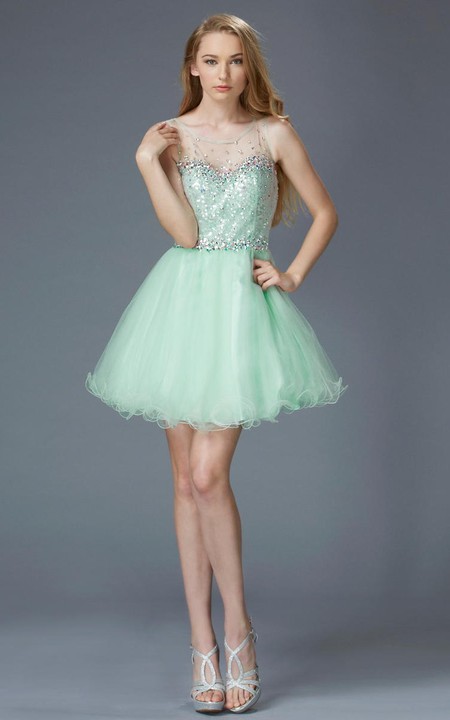 A-Line Illusion Sequined Short Mini Sleeveless Scoop-Neck Tulle Dress
