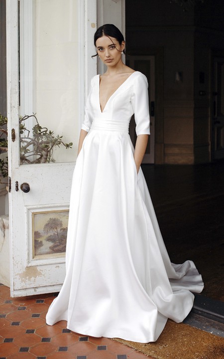 Sexy Elegant Plunging V-neck Satin Bridal Gown With 3/4 Sleeves And Court Train