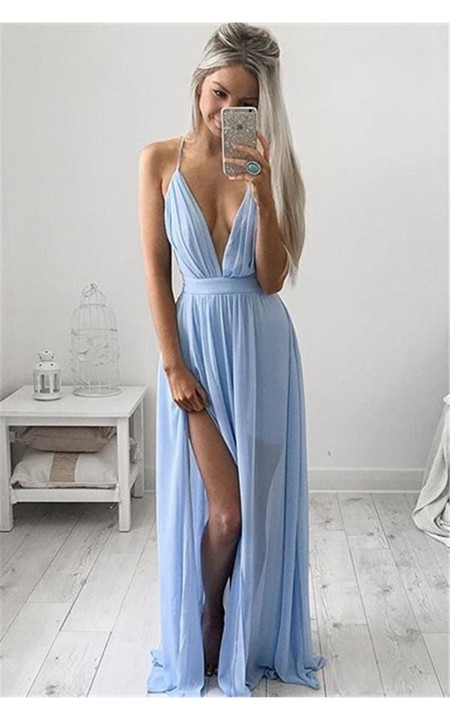 Long Chiffon Floor Length Formal V-Neckline Elegant Floor-Length Dress