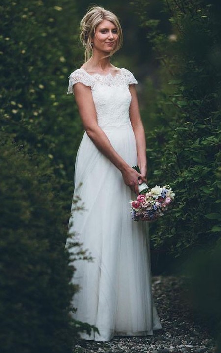 Bateau Satin Lace Tulle Short Sleeve Floor-length Button Illusion A Line Wedding Dress