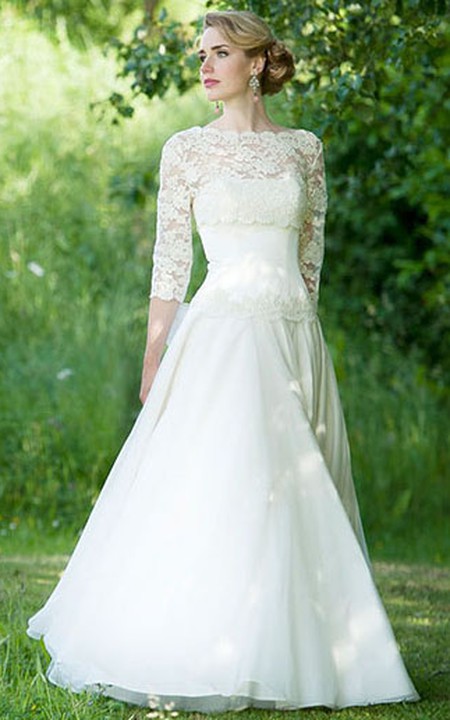Bateau Lace 3-4-sleeve A-line Wedding Dress With Appliques