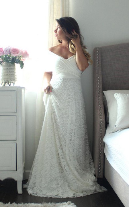 A-Line Wrapped Top Wedding Floor-Length Long Lace Dress