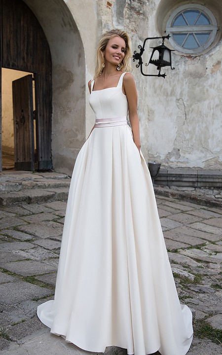 Simple Satin A-line Sleeveless Wedding Dress with Sash