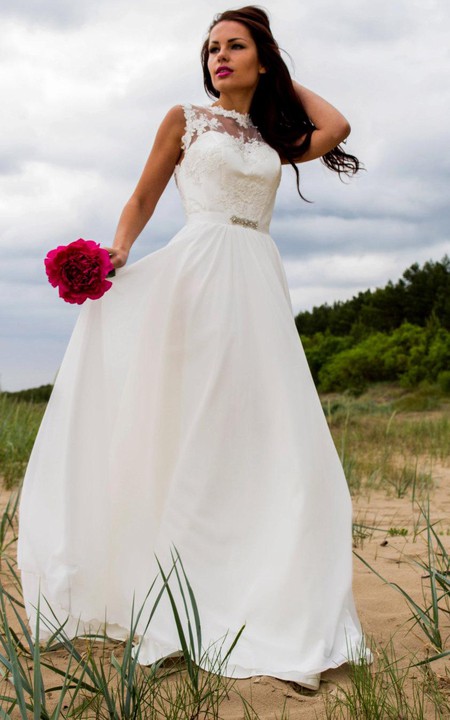 Jewel-Neck Sleeveless Chiffon Wedding Dress With Appliques And Keyhole