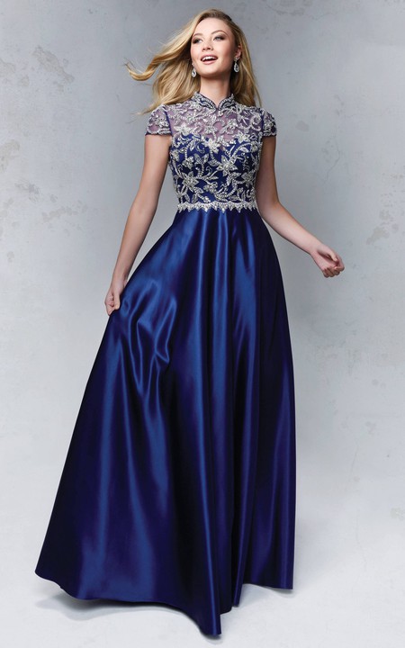 High Neck Short Sleeve A-line Satin Prom Dress With Beaded top