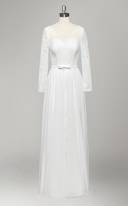 Lace Pleated Long-Sleeve V-Neckline Bridal Dress