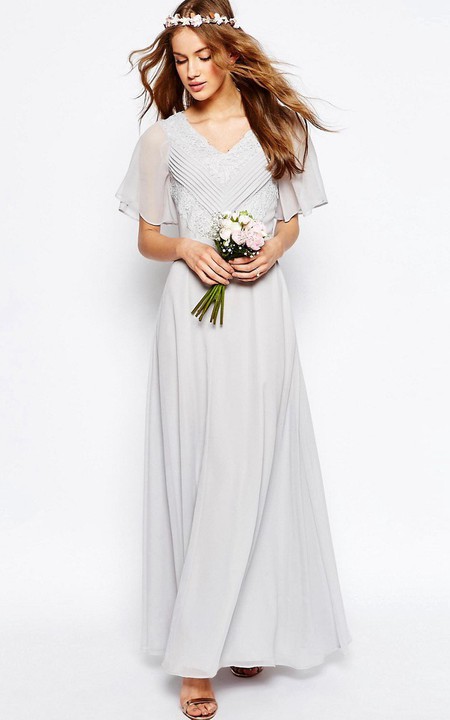V-neck Poet-sleeve Chiffon Ankle-length Dress With Ruching And Appliques