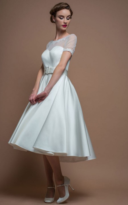 Short Sleeve Satin Scoop-neck Tea-length A-line Dress With Illusion And Appliques