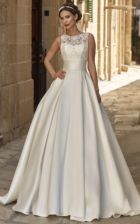 A-line Satin Jewel Neckline Sleeveless Wedding Dress With Illusion And Court Train