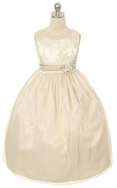 Scoop-neck Sleeveless Ball Gown Flower Girl Dress With Lace top