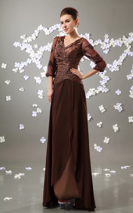Chiffon Ruched Top Long-Sleeve V-Neckline Floor-Length Gown