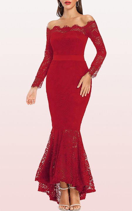 Long Sleeve Mermaid Off-the-shoulder Lace Prom Dress With Sash