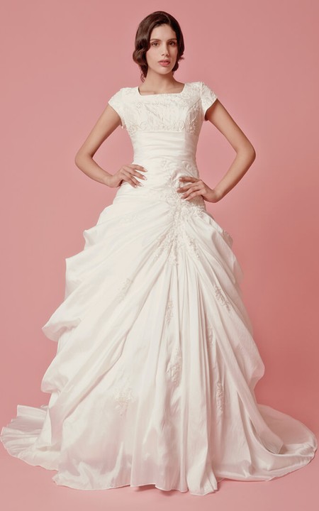 square-neck Cap-sleeve Pick Up A-line Ball Gown With Appliques