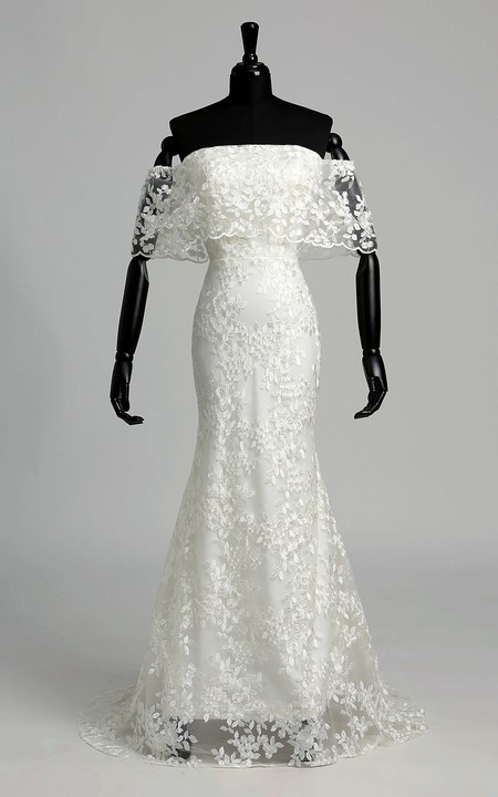 Off-the-shoulder Half Sleeve Natural Pleats Ruffles Wedding Dress