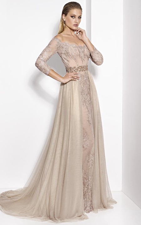 A-Line 3-4-Sleeve Appliqued Floor-Length Off-The-Shoulder Tulle&Lace Prom Dress With Waist Jewellery