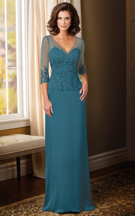 V-neck Illusion 3-4-sleeve Mother of the Bride Dress With Lace