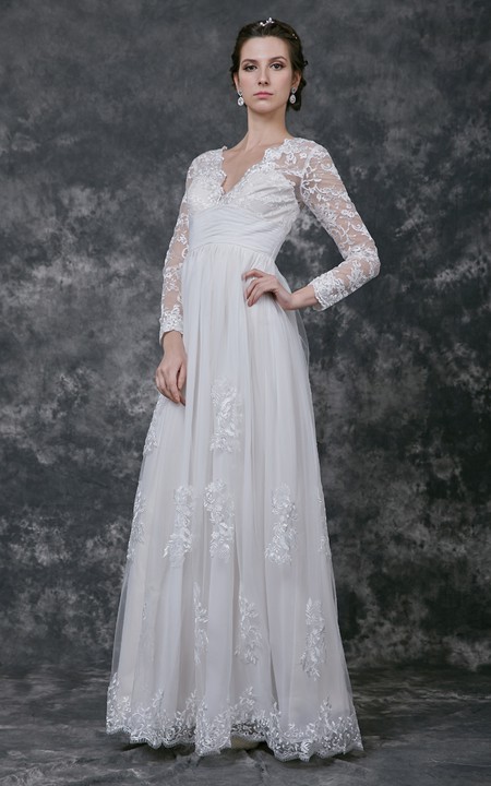 Chiffon Illusion Sleeve Ruched V-Neckline Gown