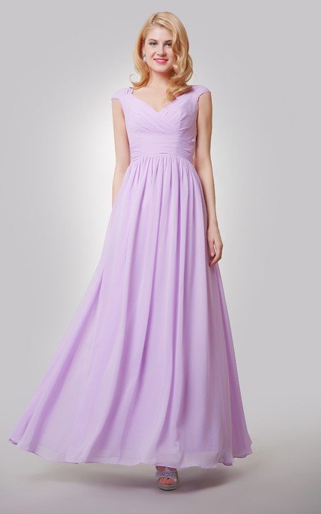 Chiffon Ruched Back Bow V-Neckline Cap-Sleeved Gown