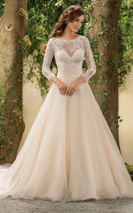 Long Sleeve A-line Lace Wedding Dress With Low-V Back And Court Train