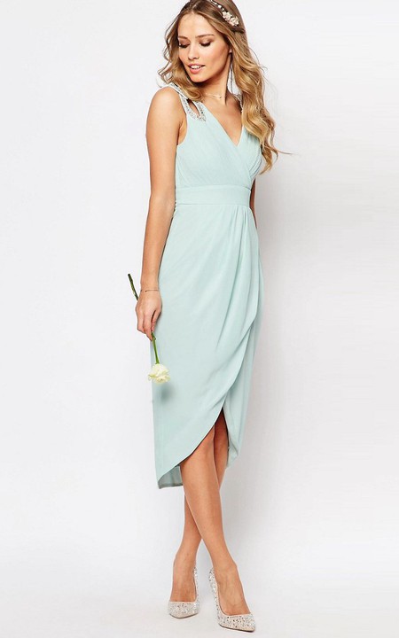 V-neck Sleeveless Chiffon Ruched Dress With Beading And Draping