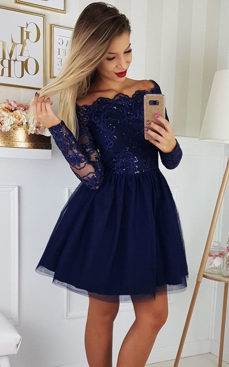 Scalloped Strapless Lace Tulle Long Sleeve Short A Line Homecoming Dress with Sequins