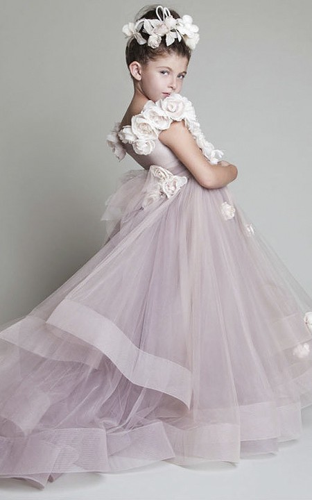 Adorable Ruffles Flower Girl Dress With Flowers With Sash
