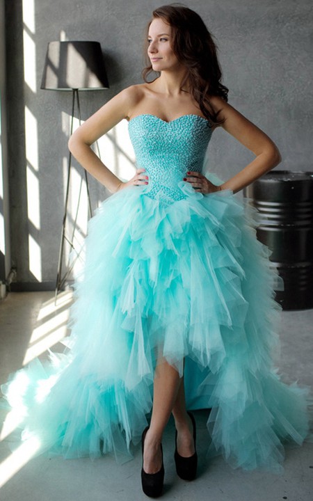 Sleeveless Rhinestone High-Low A-Line Lace-Up Ruffled Gown