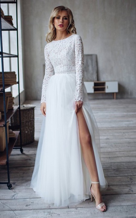 Bateau Lace Tulle Long Sleeve Sweep Train Button Two Piece Wedding Dress
