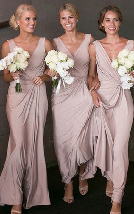 Straps V-neck Jersey Sleeveless Floor-length A Line Bridesmaid Dress with Pick Up and Ruching
