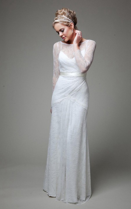 Lace Satin Ribbon Low-V Back Illusion-Sleeve Bateau-Neck Dress