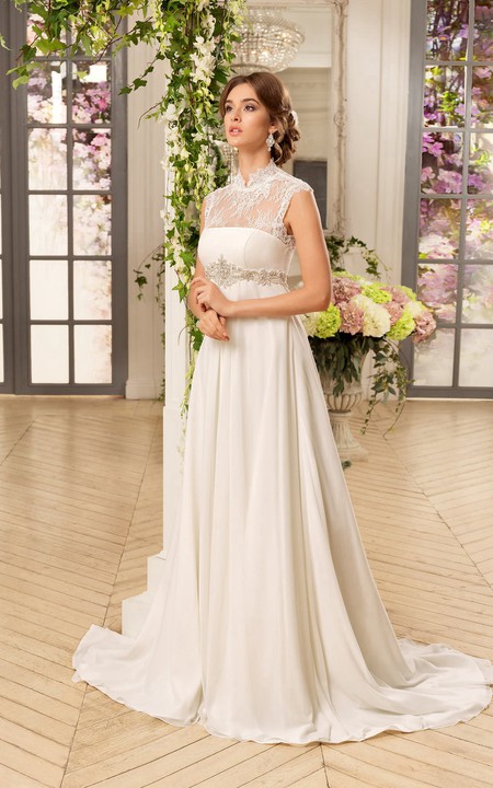 Sleeveless Lace Waist Jewellery Long A-Line Chiffon Dress