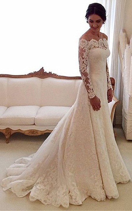 A-Line Pleated Off-The-Shoulder Vintage Lace Gown